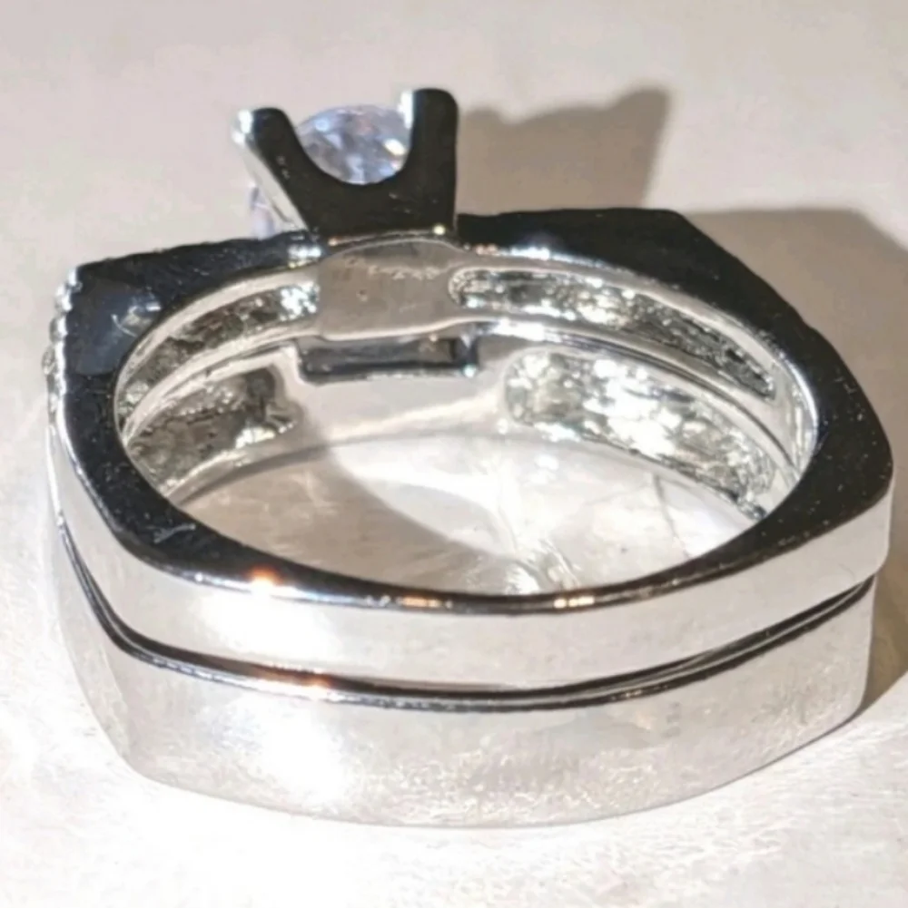 Mens Silver-Tone Clear Cubic zirconia Ring 2pc Set Sz 10